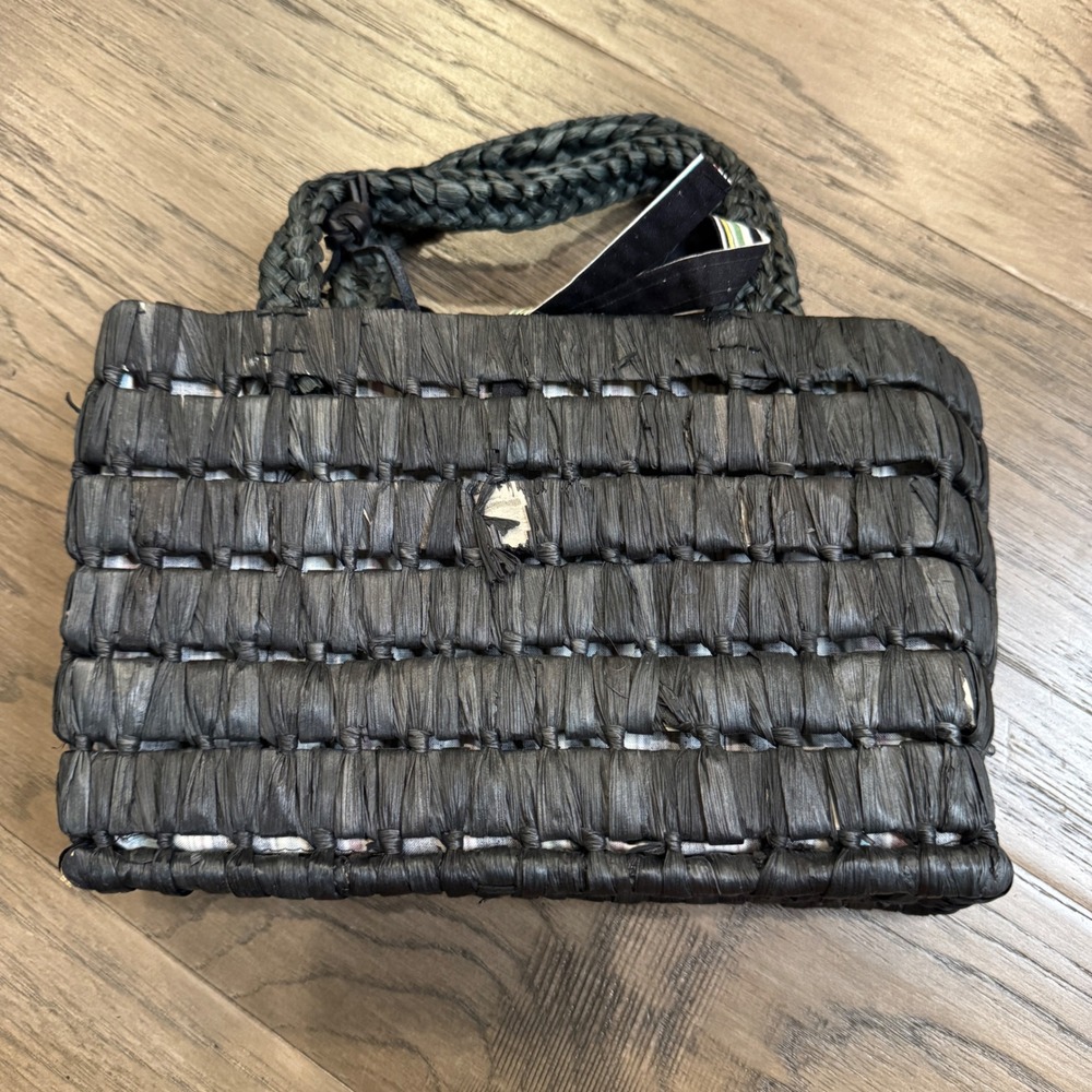 LAUREN Ralph Lauren Black Woven Straw Raffia Mini Top Handle Bag Purse FLAWS - Picture 6 of 14